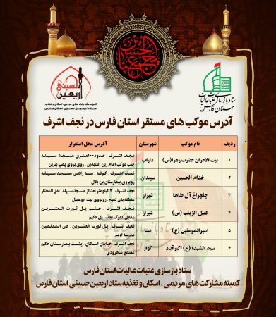 آدرس موکب های استان فارس در کربلا و نجف +فهرست